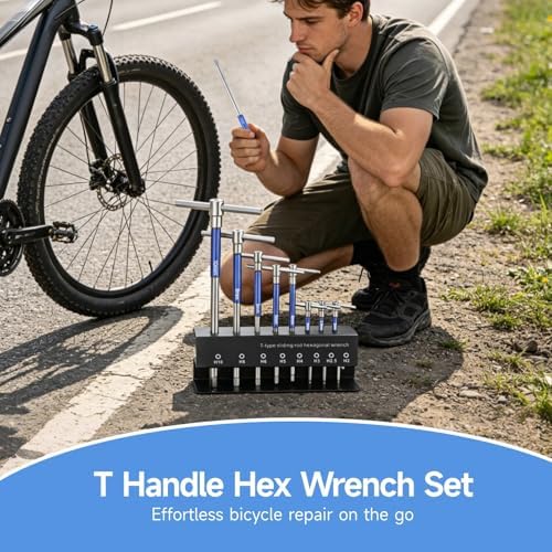 8 Pcs T Handle Hex Wrench Set, Chrome Vanadium Steel Metric Allen Key Kit with Storage Rack, 2-10 mm, Sliding Handle & Rotating Sleeve Design for Auto, Bicycle, Motorcycle Repair & Furniture Assembly