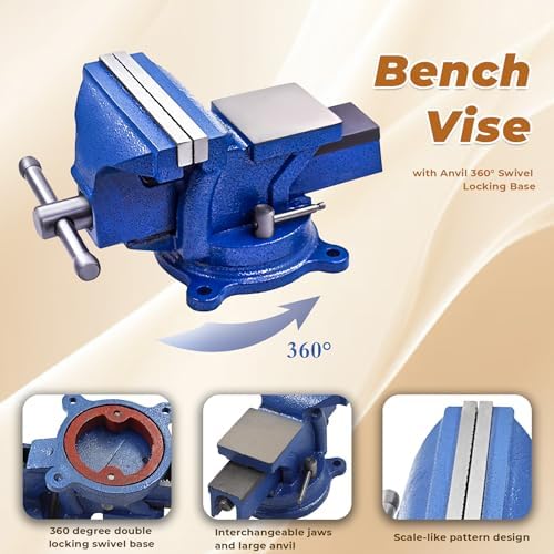 kimllier 5 Inch Heavy Duty Bench Vise with Anvil 360 Degree Swivel Locking Base Bench Clamp, Fit for Clamping Fixing Equipment Home or Industrial