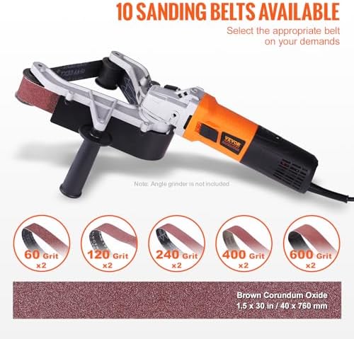 VEVOR Belt Sander Adapter for Angle Grinder, US 5/8-11 Thread Pipe Tube Sanding Attachment with 10PCS Sanding Belts (60/120/240/400/600 Grits) for Metalworking, Rust Removal