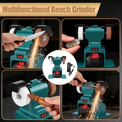 GLXX Mini Bench Grinder with 2 Wheels 250W Electric Multi Functional Bench Grinder 0-6000 RPM Heavy Duty Pure Copper Motor for Workshop Home Garage Metalworking Polishing Rust Removal (Blue)