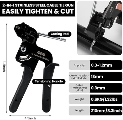 Stainless Steel Cable Tie Gun Set Metal Zip Tie Tool Kit (Black)