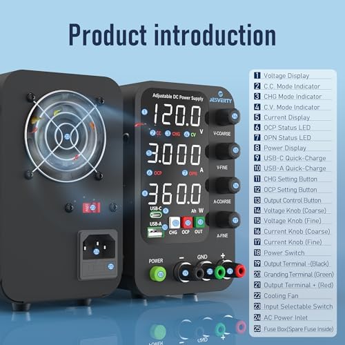 DC Power Supply Variable, 0-120V 0-3A Switching Bench Power Supply with Intelligent Charging Mode, 20W USB & Type-C Quick-Charge, Encoder Knob, Output Switch, 4-Digit LED Display - SPS-12003C
