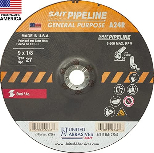 United Abrasives-SAIT 22065 A24R General Purpose Pipeline Wheel (Type 27 Depressed Center) 9" x 1/8" x 7/8", 25-Pack