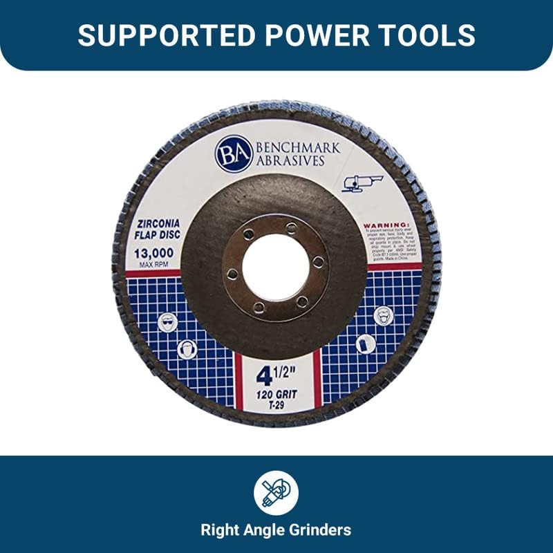 Benchmark Abrasives 4.5" x 7/8" Premium Zirconia T29 Angled Flap Discs 4 1/2 for Angle Grinder, Sanding Discs, Finishing, Rust, Stock Removal- Grinding Wheels 4 1/2 Inch (100 Pack) - 120 Grit