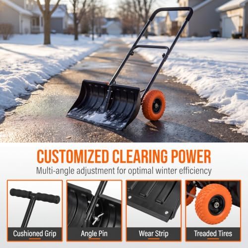 29" Snow Pusher Shovel with Adjustable Handle, Snow Shovel with Wheels, Snow Clean Tool for Driveway or Pavement, Black