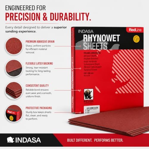 Indasa 50 PCS Redline Full Sheets 9"x11" Wet & Dry Sanding Sheets Series 6 – Rhynowet – 220-Grit – Waterproof Latex Backing