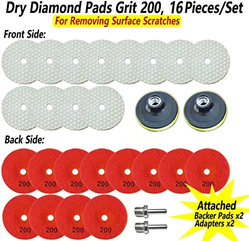 16 Packs Dry Diamond Polishing Pads Grit 200, 4 Inch Dry/Wet Tile Sanding Pad for Bufffing Granite Marble Quartz Concrete Stones Used for Grinder Polisher Drill