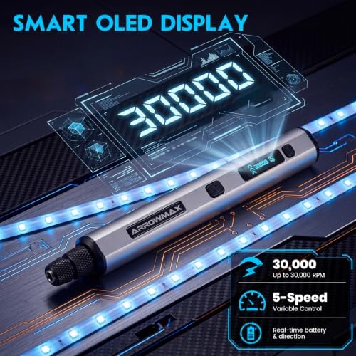 ARROWMAX 5-Speed Mini Cordless Rotary Tool Kit with OLED, 30000 RPM 42 Bits