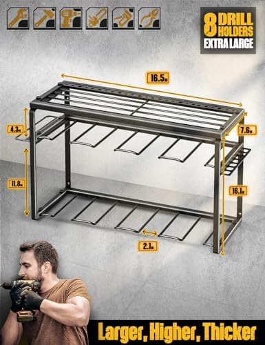 Spampur Power Tool Organizer, 8 Drill Holders Wall Mount, 3 Layer Heavy Duty Metal Storage for Garage Organization, Tools Storage with Hooks, Screwdriver Hammer Holder, Father's Day Mens Birthday Gift