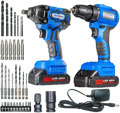 ACDelco Brushless Combo Kit, 251 Ft-lbs (350Nm) Impact Wrench & 400 In-lbs Drill, 1/2" & 3/8" Chuck, (2) 2.0Ah Batteries & Charger, 2600 RPM, 20V 2-Tool Power Kit, ARI20132-K1