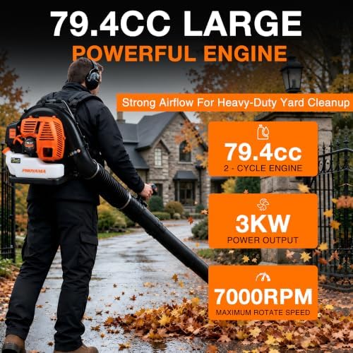 PROYAMA 79.4CC Gas Backpack Leaf Blower, 990CFM 270MPH Blower For Lawn Care