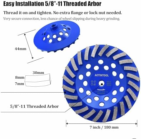 7 in. x 5/8-11 in. Threaded Arbor 24 Segments Diamond Turbo Grinding Cup Wheel, 7 Inch Diamond Cup Grinding Wheel for Granite Marble Concrete (5/8"-11 Threaded)