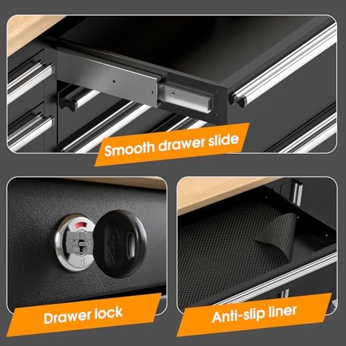 72" Rolling Tool Chest, 10 Drawers Garage Workbench Storage Tool Cabinet with Power Strip, Solid Rubber Wood Top, Pegboard, Light Strip, Mobile Workstation with Key Locking System