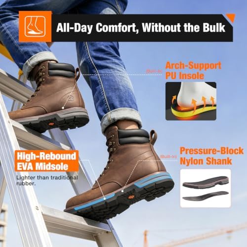 NINGO Steel Toe Work Boots for Men, Water Resistant Crazy Horse Leather