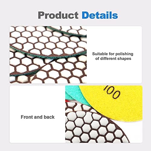 Dry Diamond Polishing Pads - 8pcs 5 inch (#50x3,#100x2,#200x1,#400x1,#800x1) Sanding Pads Kit for Granite Marble Ceramic Used on Angle Grinder or Polisher, with Aluminum Backing Pads+ Adapter 5/8”-11