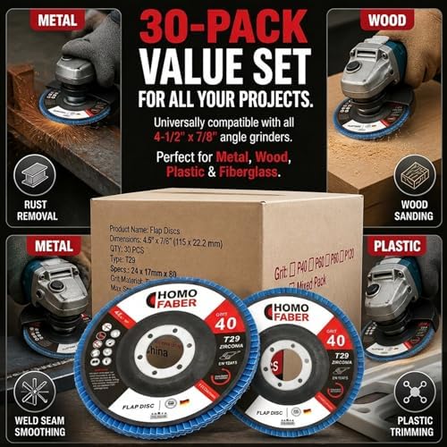HOMO FABER 30 Pack Flap Discs 4 1/2 for Angle Grinder, 40 Grit Zirconia T29