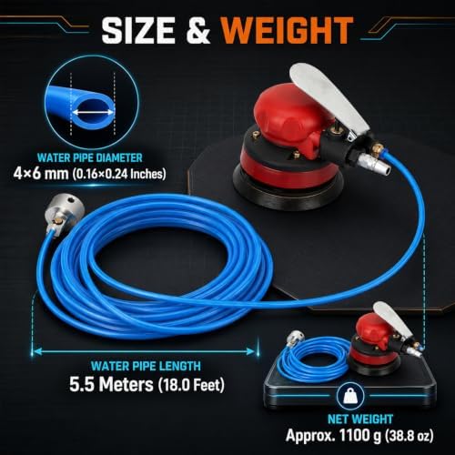 5“ Pneumatic Random Orbital Sander Kit, Air Water Polisher with 18.0ft Water Pipe, 1/4” Air Inlet