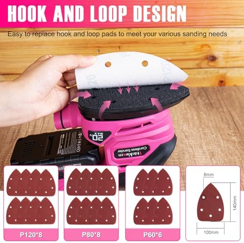 Cordless Detail Sander for Woodworking, 20V Electric Hand Sander for Wood Furniture, Compact Mouse Sander Tool with 2Pcs Batteries, Charger, Sandpapers, and Bag