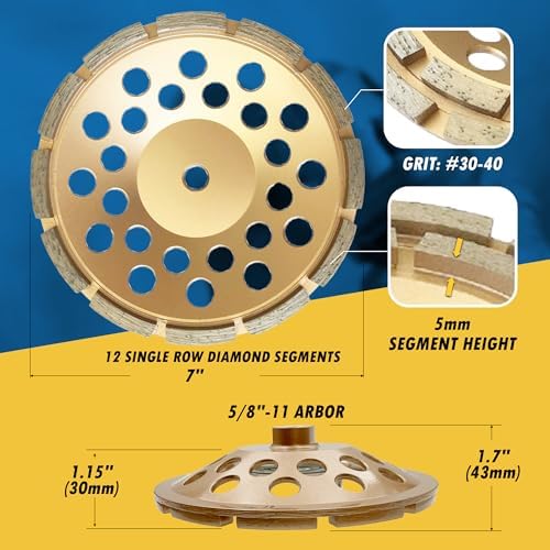 7" Diamond Grinding Wheels for Concrete or Masonry, 5/8"-11 Arbor