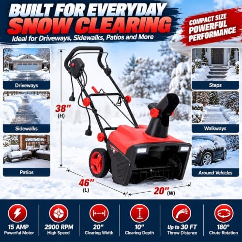 20-Inch Corded Electric Snow Thrower, 15 Amp Corded Snow Blower with Dual LED Lights, 180° Rotating Chute, 30 FT Throw Distance, 10-Inch Clearing Depth for Driveways, Walkways & Patios