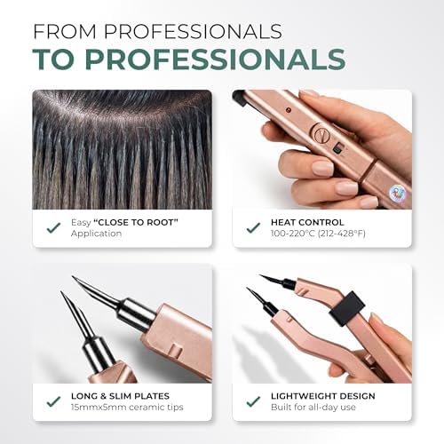 Professional Keratin Fusion Tool for Hair Extensions – Slim Long Heating Plates, Adjustable Temperature, Rapid Heat-UP, Seamless Fusion, Root Access, Salon-Quality Keratin Glue Gun (Rose Gold)
