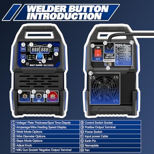 BILT HARD 135A IGBT Inverter Welder, 110V Flux Core MIG/Lift TIG/Stick 3-in-1 Welding Machine with LED Display & Synergic Control, 2T/4T/SPOT Modes & Solar Helmet