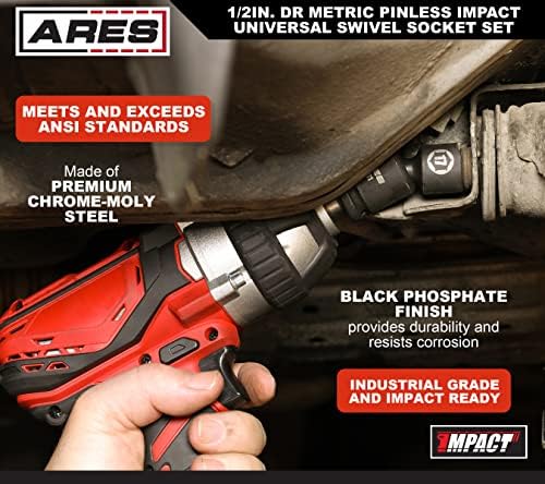 ARES 25125 11-Piece 1/2-Inch Drive Metric Pinless Swivel Impact Socket Set | Chrome-MolySteel, BlackPhosphateCoating, 360-Degree Swivel,Exceeds ANSIStandards, LimitedLifetime Warranty