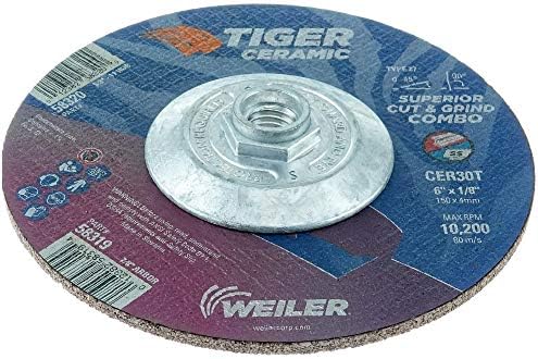 Weiler 58320 6 x 1/8 Tiger Ceramic Type 27 Cut Off/Grind Combo Wheel CER30T 5/8-11 Nut (Pack of 10)
