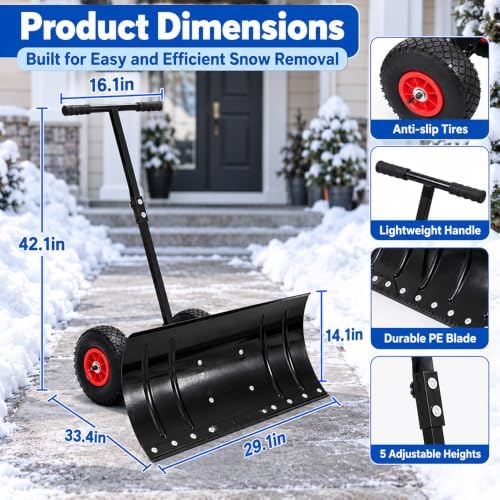 Snow Shovel with Wheels, 29.1" Wide Blade (Single Rod)