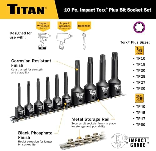 Titan 49008 10-Piece Impact Torx Plus Bit Socket Set, Sizes TP10 thru TP50, S2 and 6150 Alloy Steel, Extra-long Design for Greater Reach and Access, Metal Storage Rail