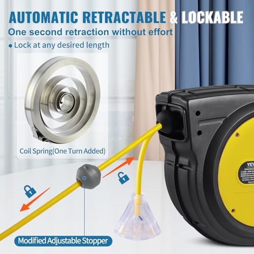 VEVOR 80FT Retractable Extension Cord Reel, 12AWG/3C SJTOW Heavy Duty Power Cord w/Lighted Electrical Triple Tap Outlets, 15A Circuit Breaker,180° Swivel Bracket for Workshop or Garage, Yellow