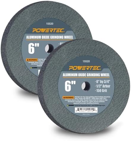 POWERTEC Bench Grinder Wheel 6 Inch 150 Grit, Aluminum Oxide Grinding Wheel for Bench Pedestal Grinder, 3/4" Thick 1/2" Arbor, Sharpening & Shaping Drill Bits, Blade, and Chisel 2PK (15520-P2)
