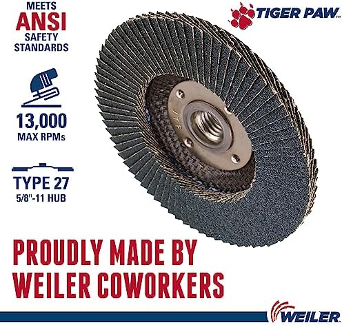 Weiler 51115 4-1/2" Tiger Paw Abrasive Flap Disc, Flat (Ty27), Phenolic Backing, 80Z, 5/8"-11 Unc Nut (Pack of 10)