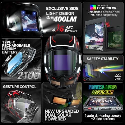 ANDELI Auto Darkening Welding Helmet with Light,Upgraded Solar Powered