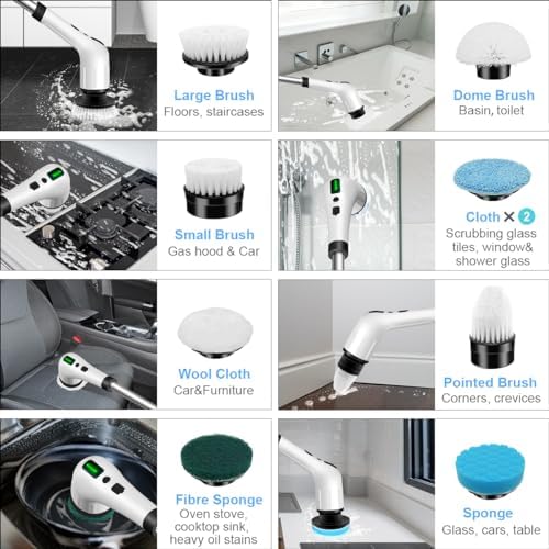 Electric Spin Scrubber, Cordless Cleaning Brush with 9 Replaceable Heads, 90 mins Work time 3 Adjustable Retractable Handle 2 Speeds Power Shower Scrubberr for Cleaning Bathroom,Floor,Tub,Kitchen
