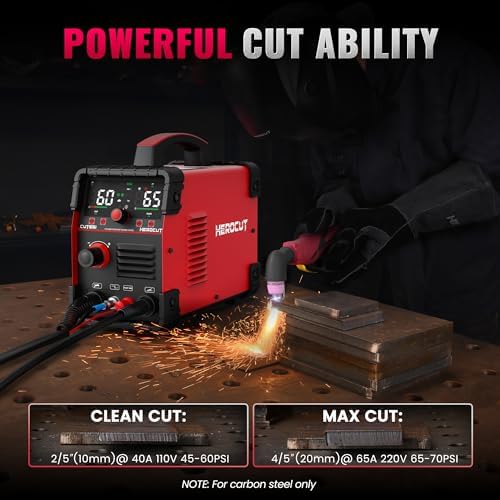 Plasma Cutter, 65Amps HEROCUT Plasma Cutter Machine CUT65i, Non-Touch Pilot Arc, 110/220V Dual Voltage IGBT Inverter, Screen Display, Air Sensor, 20mm Max Cutting Thickness, 2T/4T for Beginners DIY