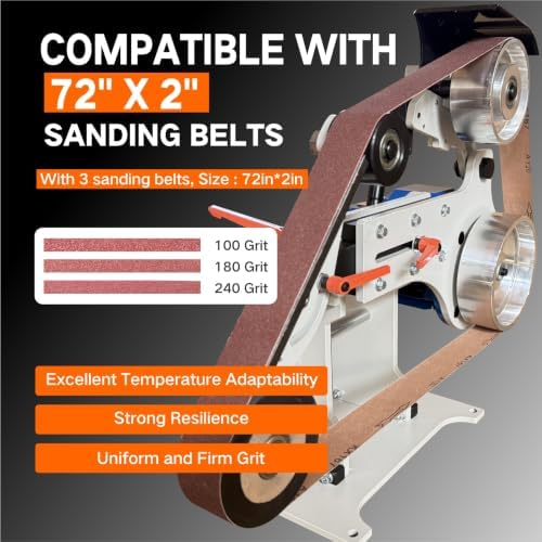 Belt Grinder Sander, 2x72 Inch Belt, 1500W Electric Motor with 2.2KW VFD, 2 sets of grinding kits with 3 grinding methods,Vertical and Horizontal operation includes 3 sanding belts.
