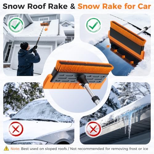 Year-Round Roof Rakes for Snow, Leaves & Moss – 16” No-Scratch Foam Blade & Roof Brush, 4.7-21ft Telescoping Snow Rake for Roof, Solar Panels, RVs & Cars, C-Shaped Push/Pull Roof--Patent Pending