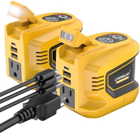 LIVOWALNY 220W-250W Power Inverter Compatible with DeWALT 20V Battery (Battery Not Included), DC 20V to AC 110V-120V Portable Inverter, 1 AC Outlet, 2 USB Ports & 1 Type-C Port, LED Work Light(2-Pack)