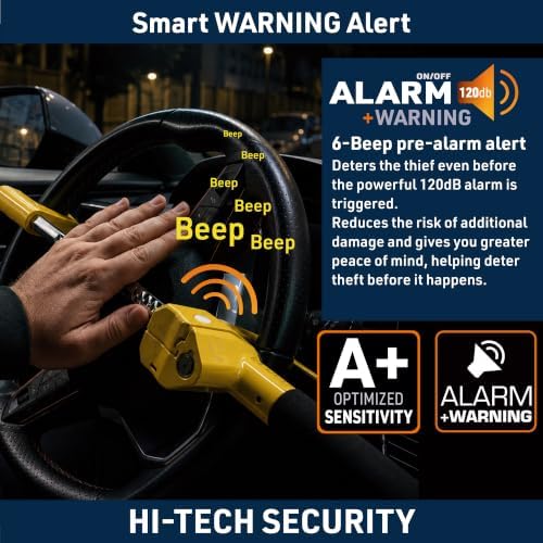 URBAN UR978Y Double Security Steering Wheel Lock with Hi-Tech Alarm, 120dB+LED, Smart Warning, A+ Sensitivity | Proven Theft Attempt Deterrence | Patented Anti-Theft Car Device Universal SUV Van Truck