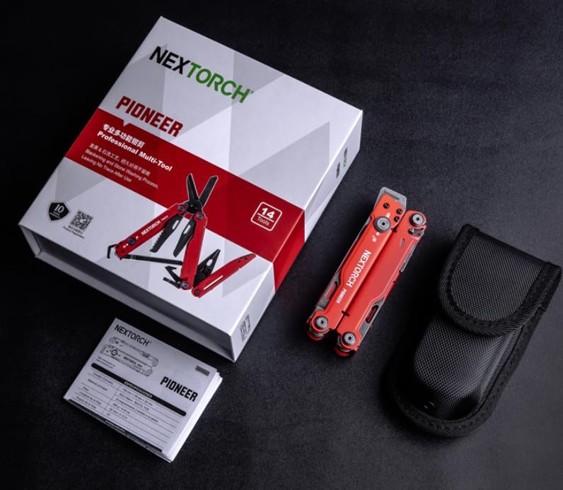 NEXTORCH PIONEER MT20 14-IN-1 Multi-tools Full-Size,Versatile Multi-tool Set with Scissors Needle Nose Pliers Pocket Clip Multi-tool (RED with Glass Breaker)