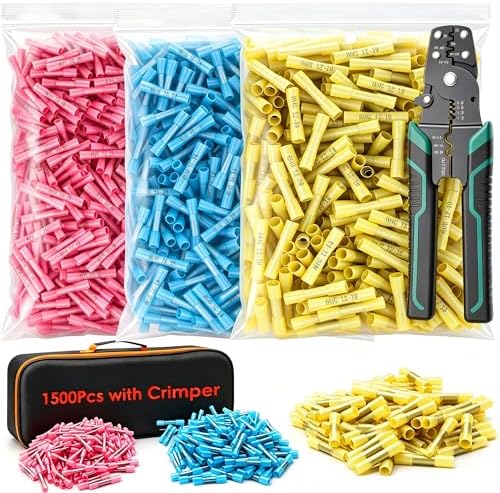 smseace 1500PCS Heat Shrink Butt Connectors Kit 22-16/16-14/12-10AWG Waterproof Electrical Butt Wire Crimp Connectors for Automotive Boat Stereo Industrial Equipment