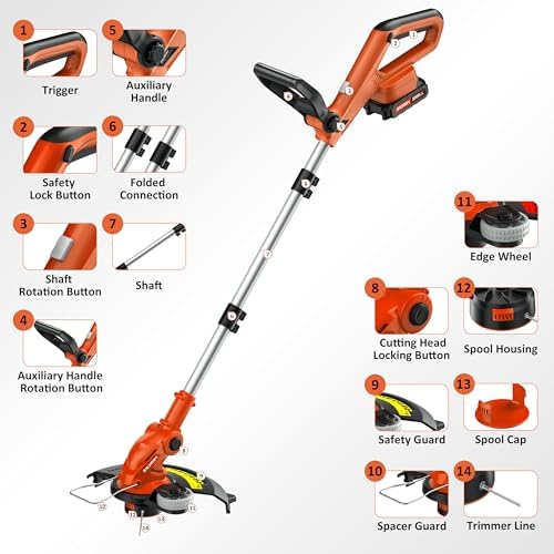Electric String Trimmer Cordless with 2x2.0Ah Battery, 20V Weed Wacker Weed Eater with Charger, 12" Lawn Mover & Edger Lawn Tool, Powered Grass Trimmer with 8pcs Spool Line for Yard, Garden, Orange