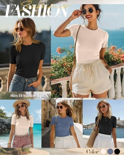 Ficerd 3 Pack Women's Ribbed Short Sleeve T-Shirts