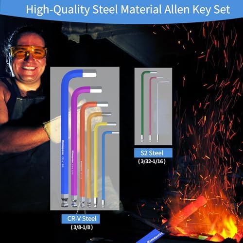 9PCS Imperial Allen Key Set SAE Allen Wrench Set SAE Hex Key Set Long Ball End Hex Wrench Set S2 Alloy Steel Keys 1/16-3/8Inch for Bike Vehicle Repairs and Household DIY
