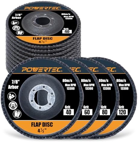 POWERTEC 4-1/2" Zirconia Flap Discs - 10-Pack Assorted Grits (40/60/80/120) for Angle Grinder, Compatible with DeWalt DCG413B, DWE402, DCG405B, DWE4011 - Ideal for Sanding and Grinding Metal (11100)