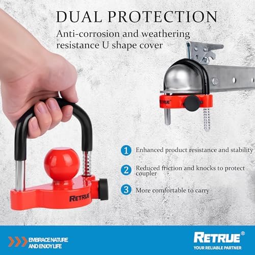RETRUE Universal Trailer Coupler Hitch Lock, Waterproof Cover & Cap, Red
