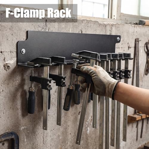 LEIFIDE 6 Pack F-Clamp Rack Black Help to Store Heavy Duty Clamps 16'' Long Stainless Steel Clamp Holder Pre-Drilled 16 inch on Center for Mounting to Wall Stud Workshop Organizer and Storage