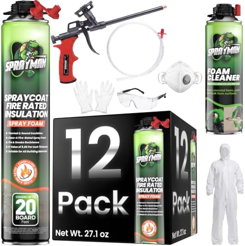 Sprayman Spraycoat Fire Rated Spray Foam Insulation Kit 240 Sq.Ft - High R-Value (11.32 / 2in) Closed Cell Heat & Noise Insulation for Wall & Attic - Gun, Cleaner & Safety Gear - 27.1 oz, 12 Pack