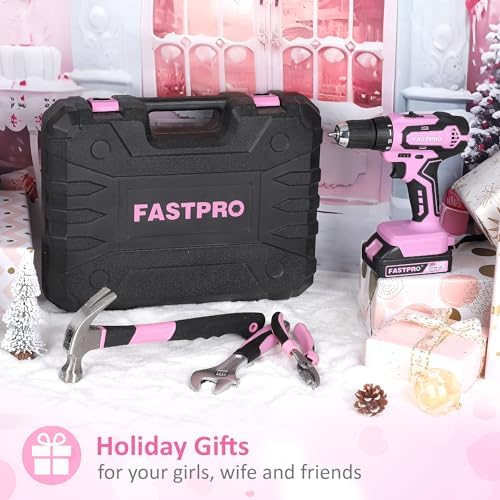 FASTPRO 20V Pink Drill Set for Women, Home Tool Kit with Tool Box